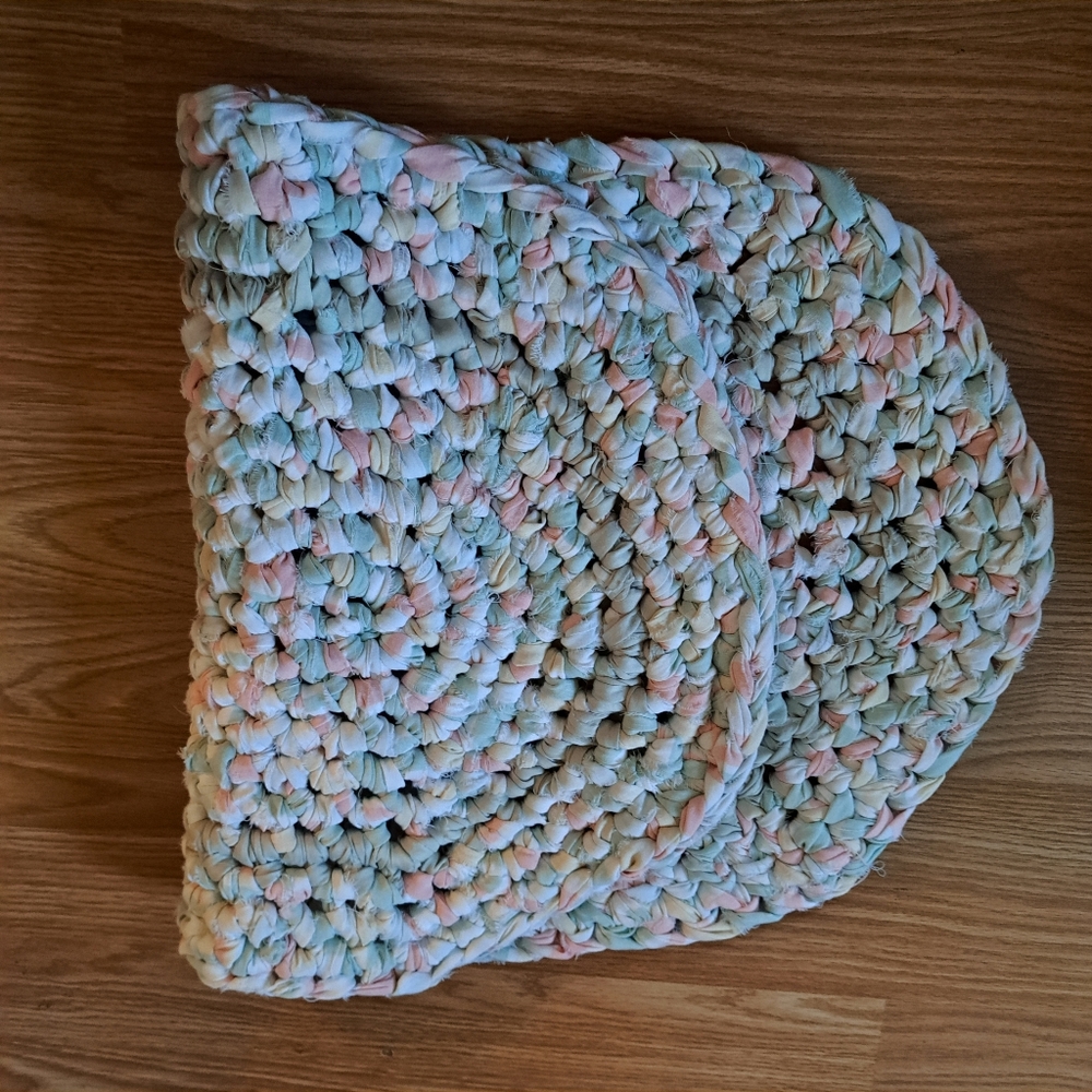 Handmade Rag Rug Crocheted Green Pink Set - Picture 3 of 7